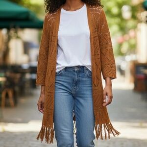 Vintage CH Impressions Crochet Knit Fringe Cardigan Sz L Mustard Yellow Boho Y2K